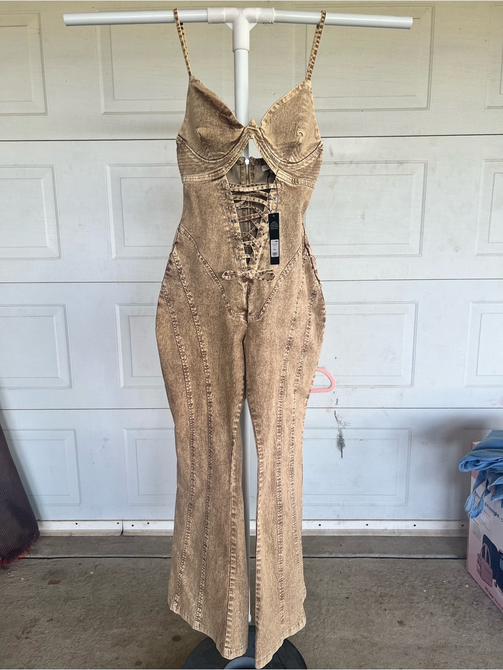 Fashion Nova Tan Lace-Up Denim Jumpsuit - Picture 1 of 3